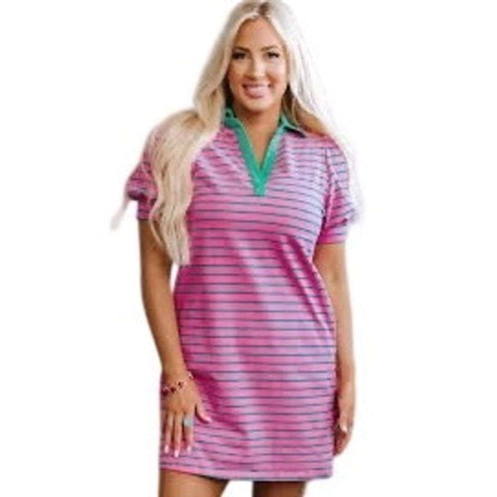 Zesica Polo Dress Women‎ XL Pink Green Striped Mini Short Sleeve Pockets EUC